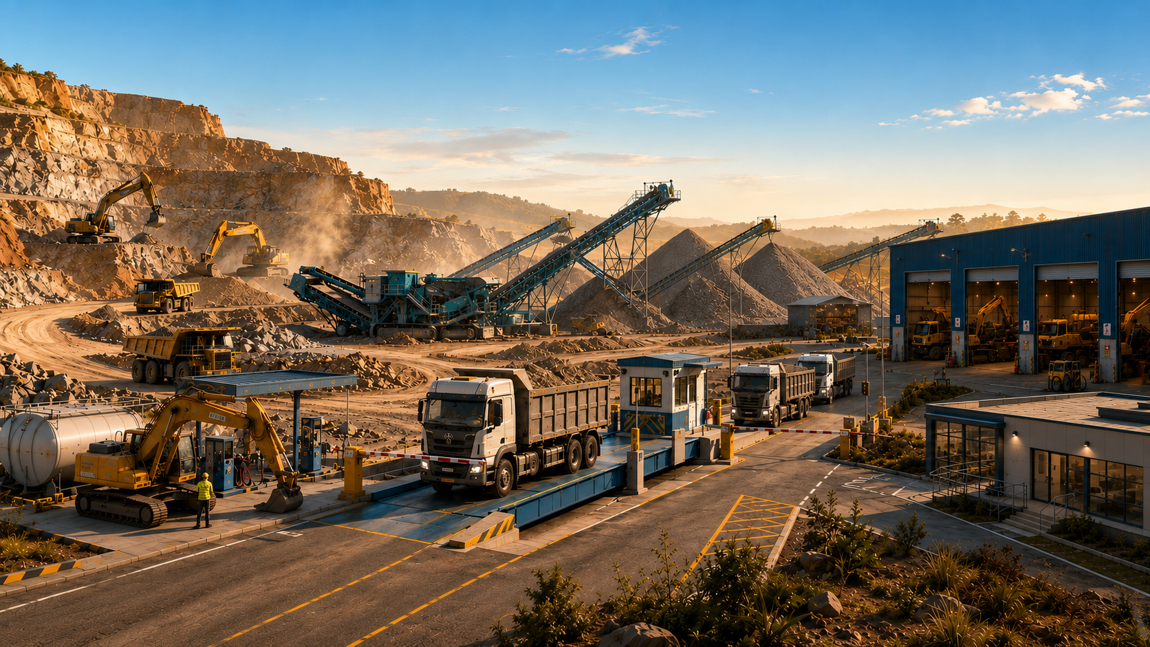 Operação de mineração — pátio, balança e britagem